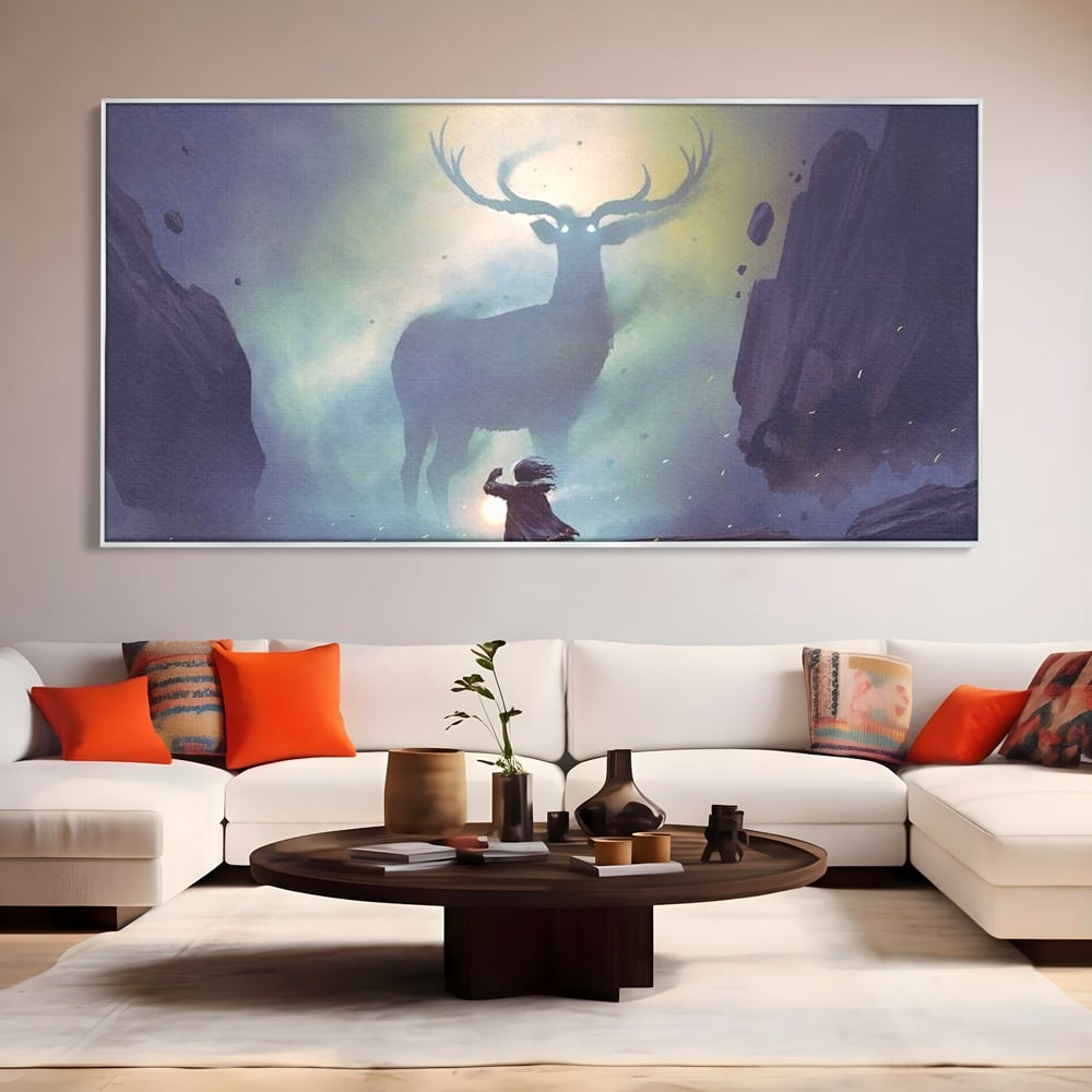 Tablou canvas cu tablou canvas cu cerb urias si copil, in rama de aluminiu argintiu, pe perete intr-un living